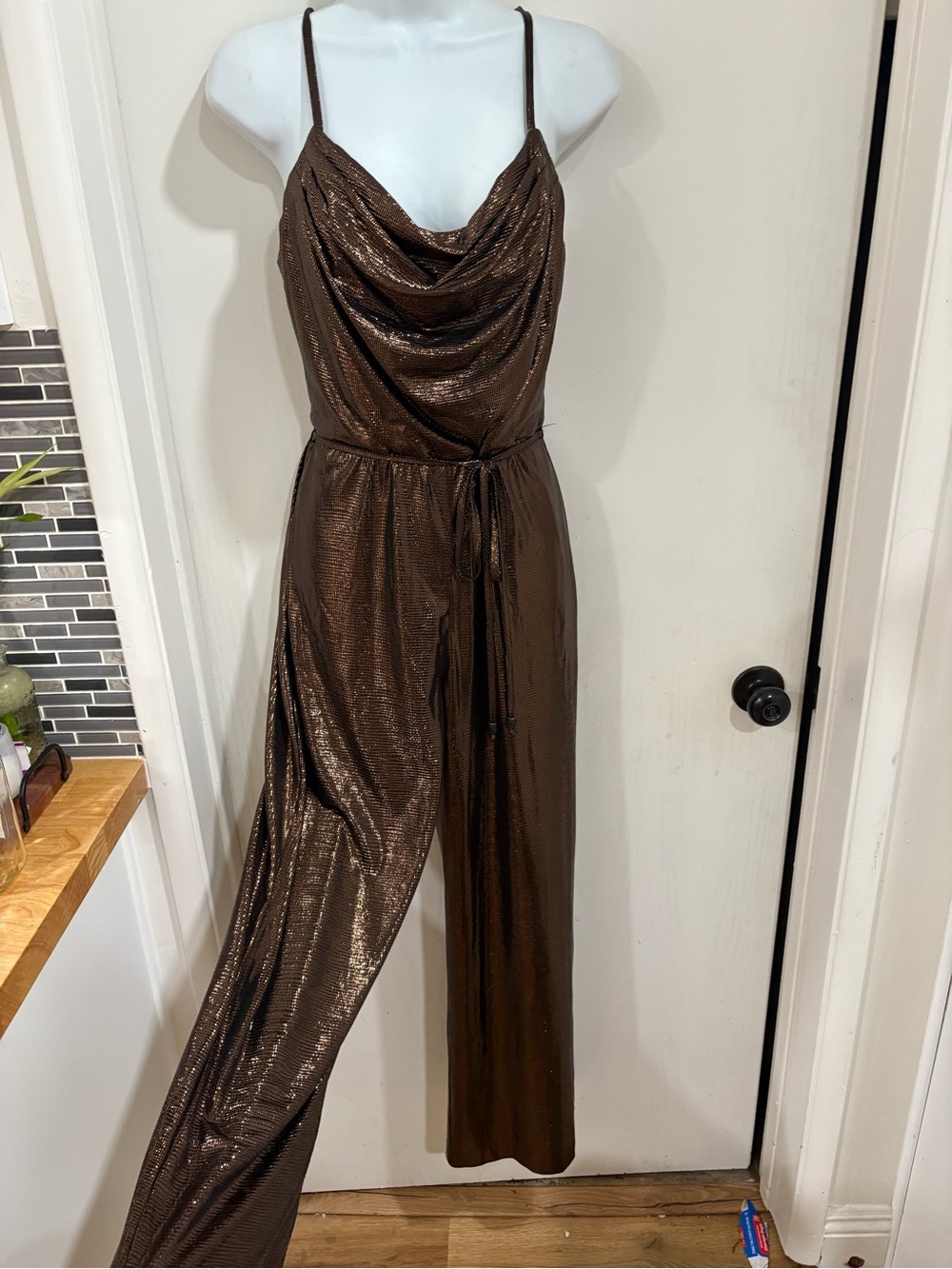 Eliza J Metallic Brown Cowl-Neck Jumpsuit with Waist Tie